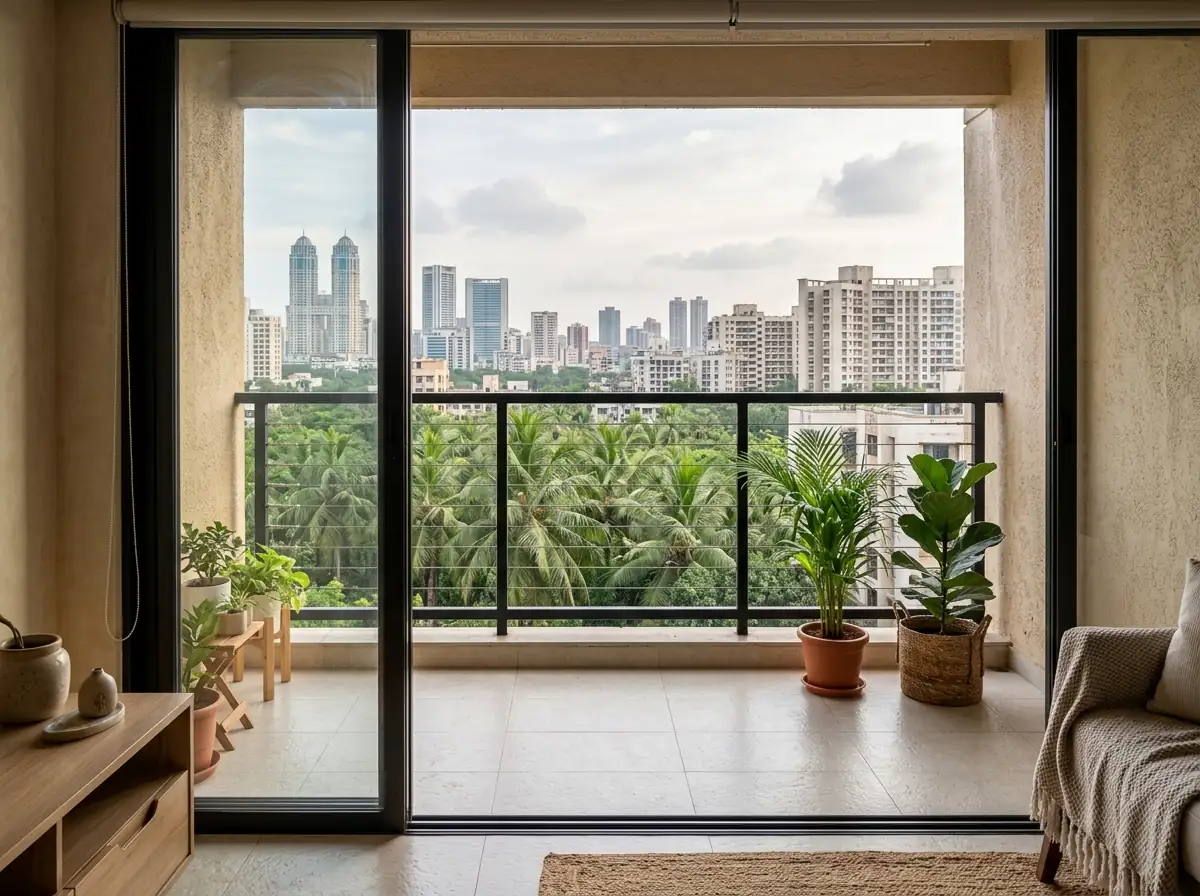 A balcony in a Mumbai flat with a black railing and an invisible grill, looking out over trees and the city