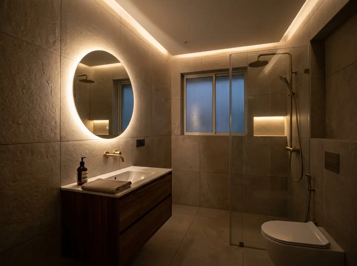 A bathroom at dusk lit by the mirror and a cove light