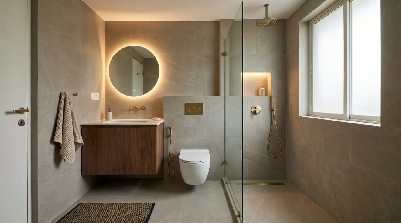 A compact bathroom with a wall-hung walnut vanity and round backlit mirror, a wall-hung WC and a walk-in shower behind a frameless glass panel