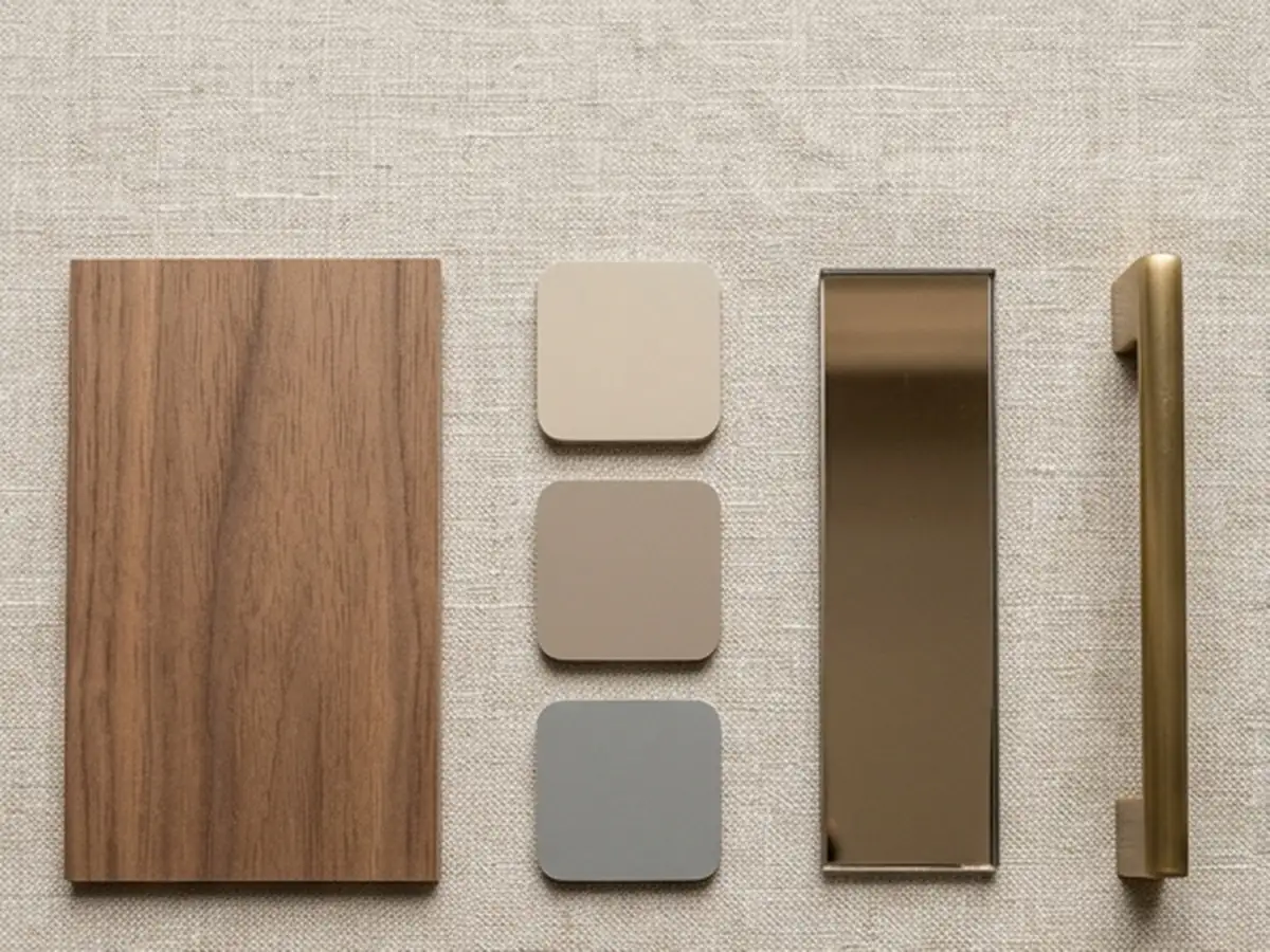 Material samples: walnut veneer, laminate chips, a mirror strip and a brass handle
