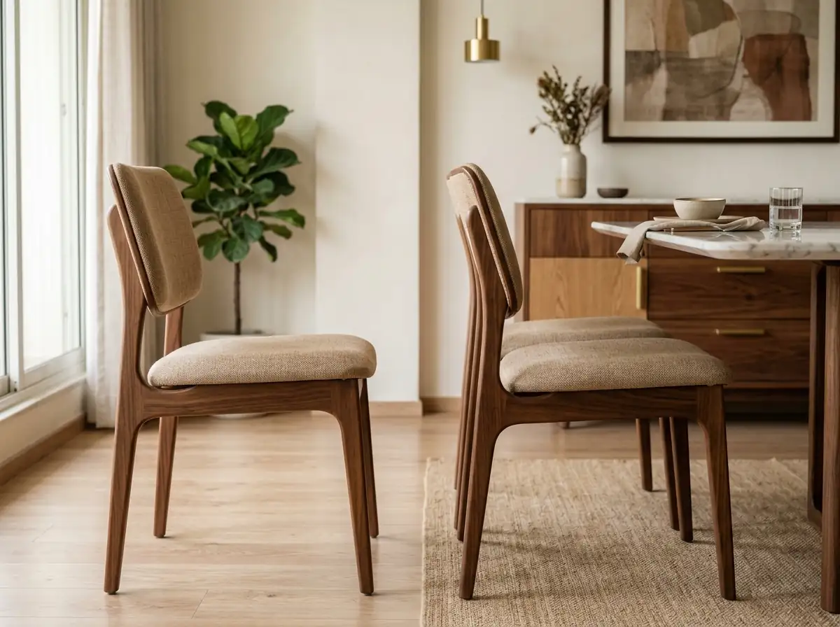 Two upholstered dining chairs with walnut frames