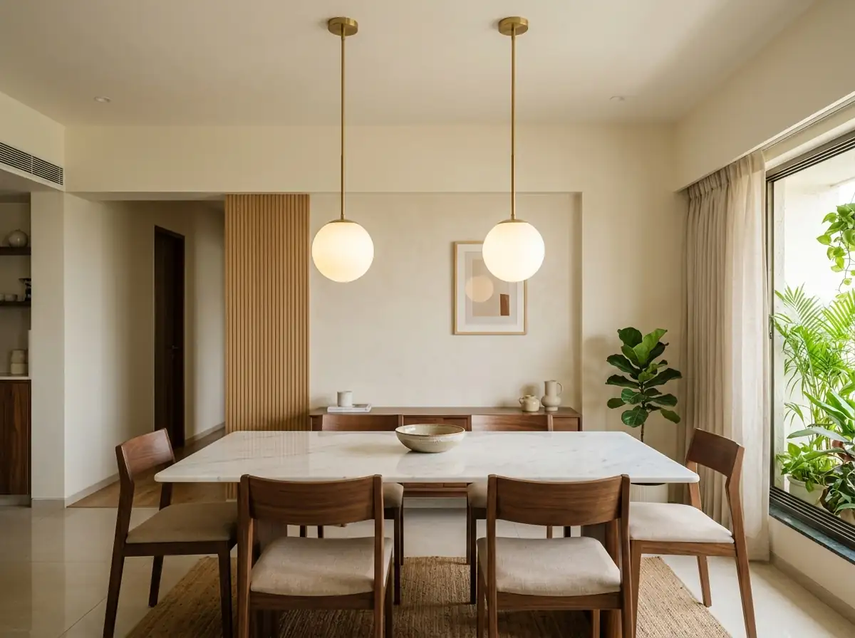 A dining room with brass and glass pendants over a marble six-seater table