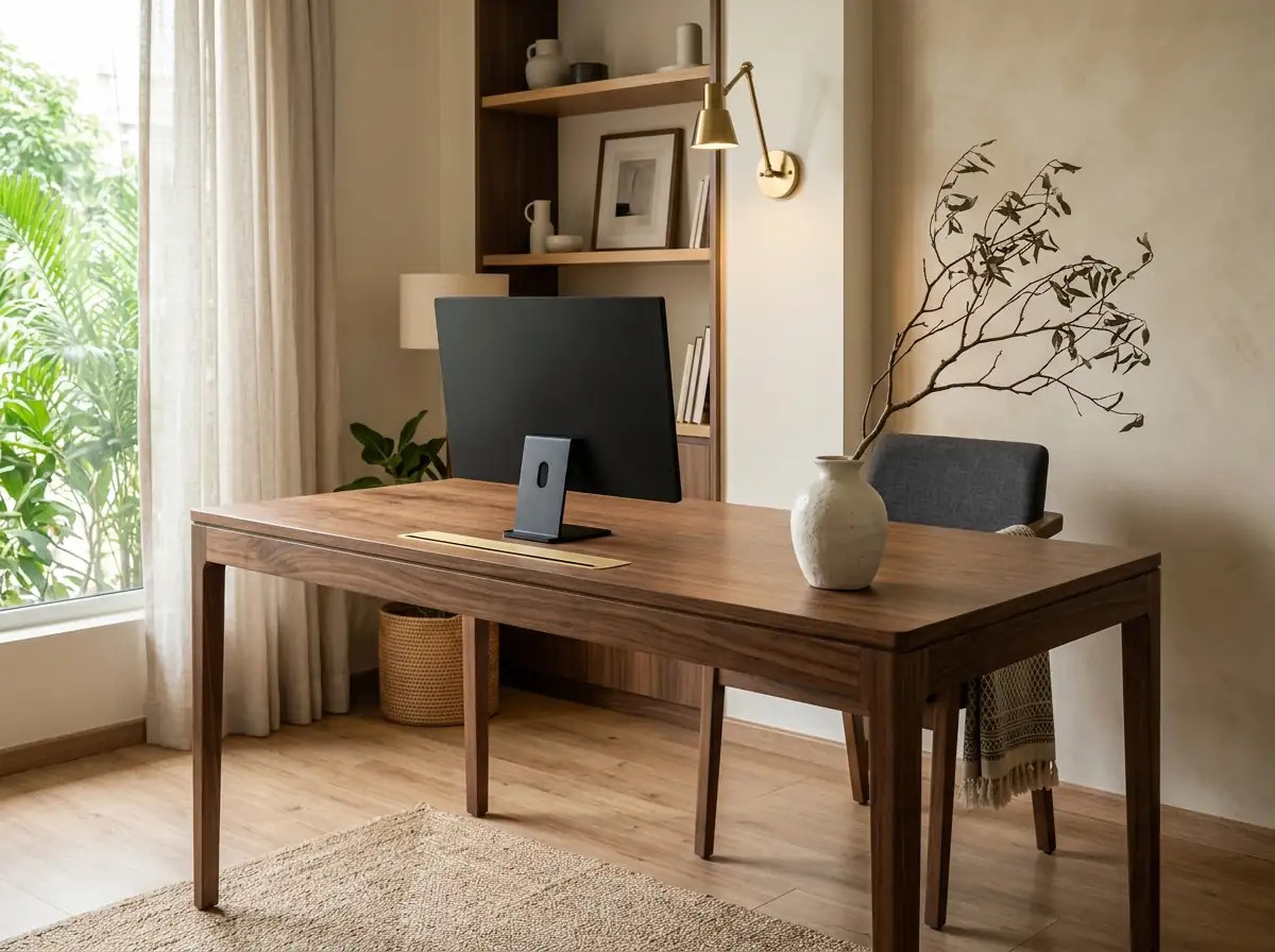 A walnut desk by a window in a home office