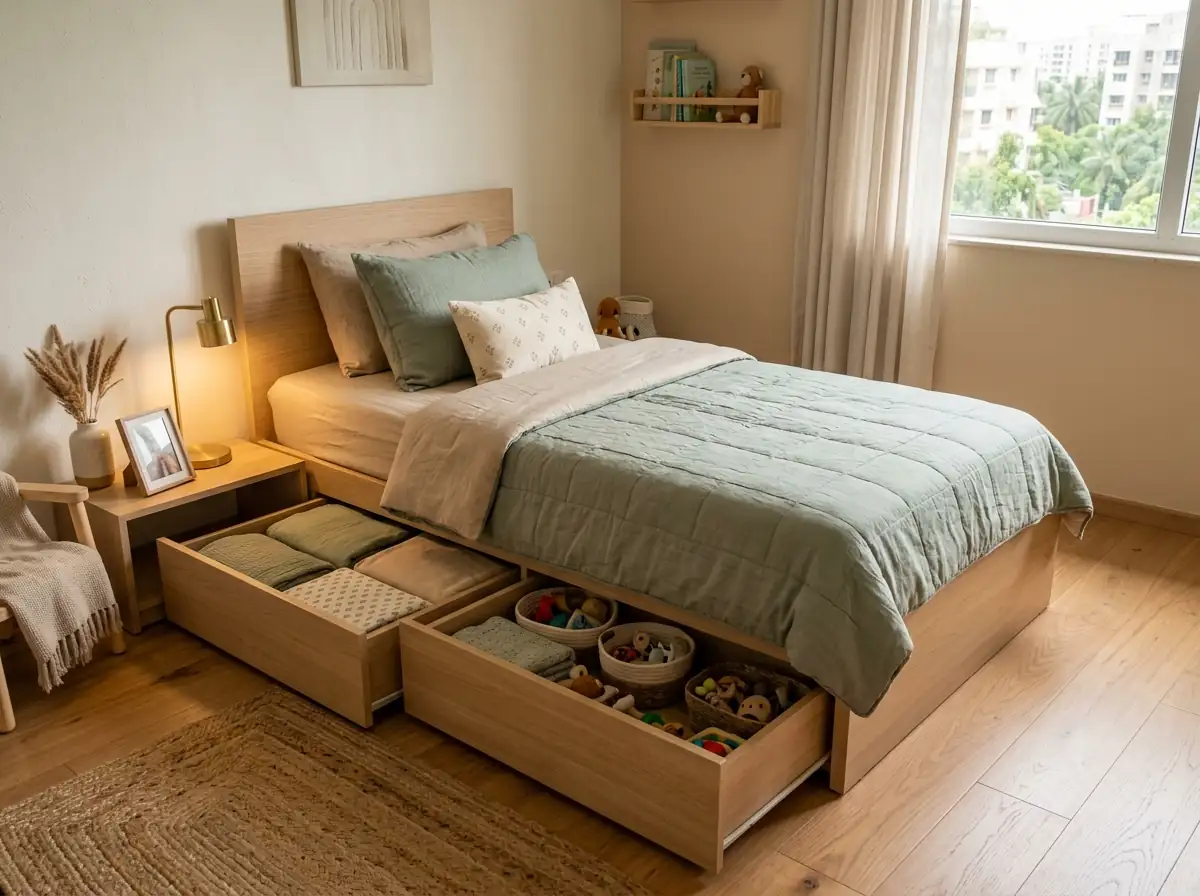 A kids' room with an oak bed and under-bed storage drawers