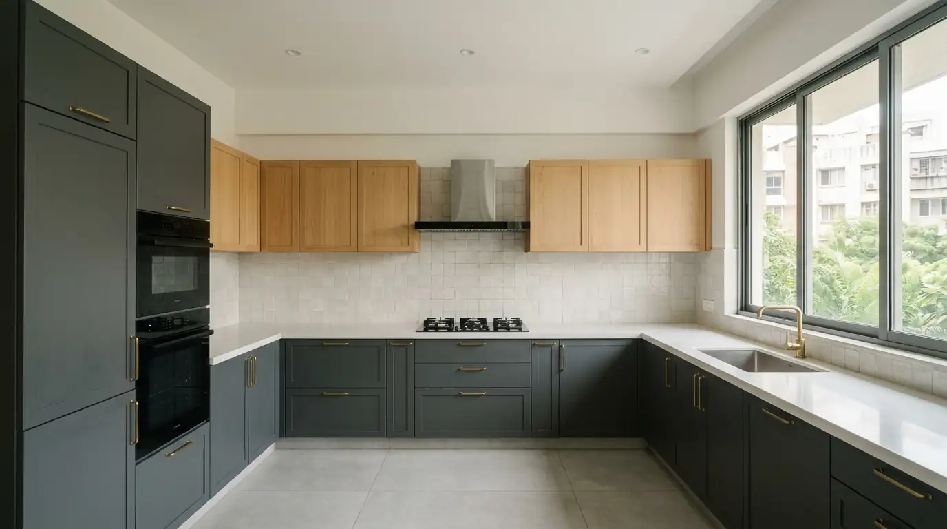 A U-shaped modular kitchen with matte graphite base units, pale oak uppers and a quartz counter