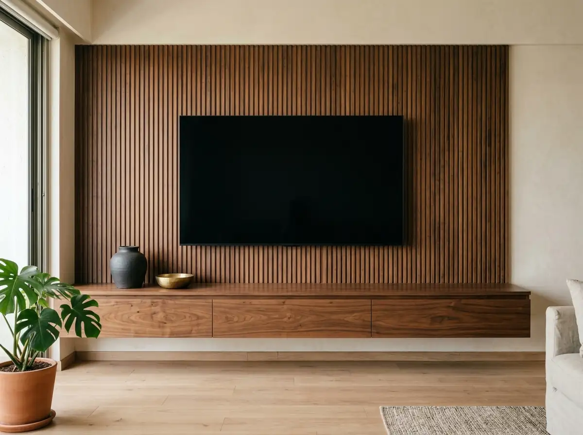 A living room with a walnut slat TV wall