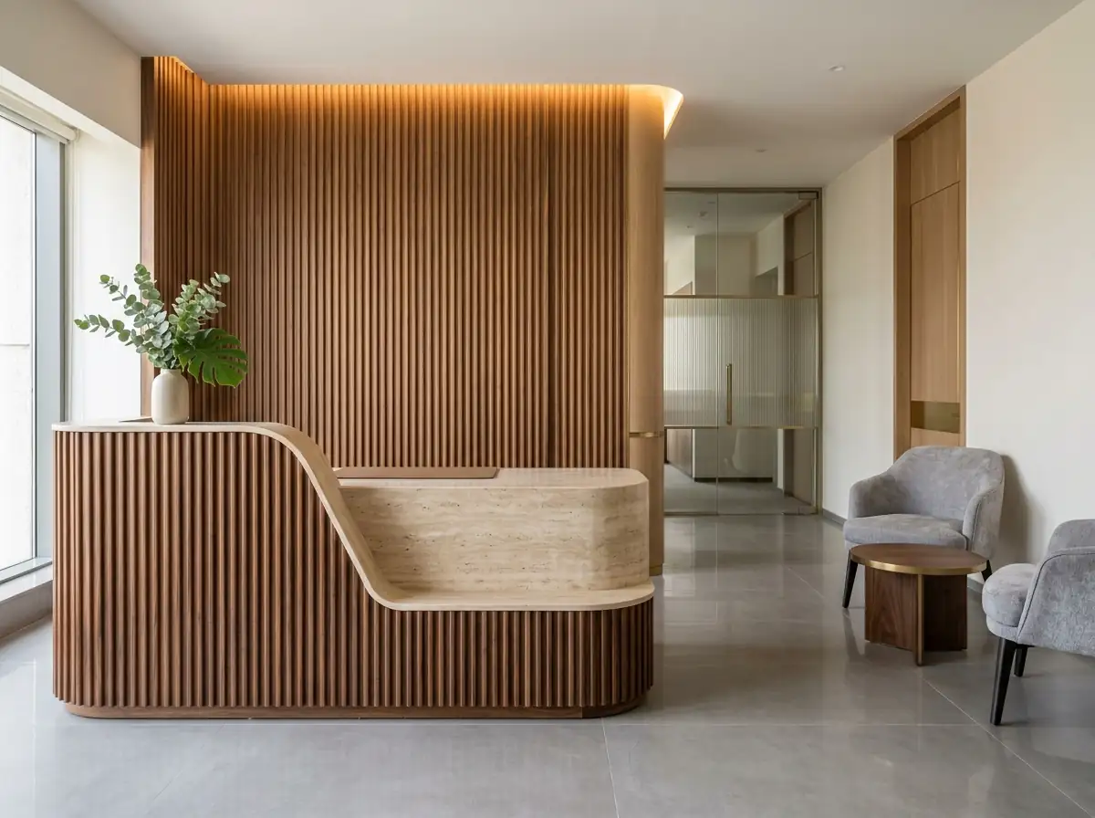 An office reception with a walnut and stone counter
