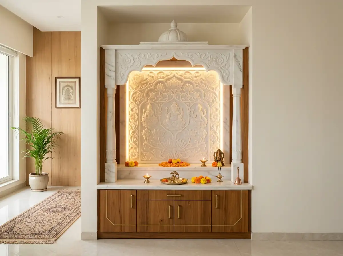 A white marble mandir unit with a backlit carved panel and brass diyas