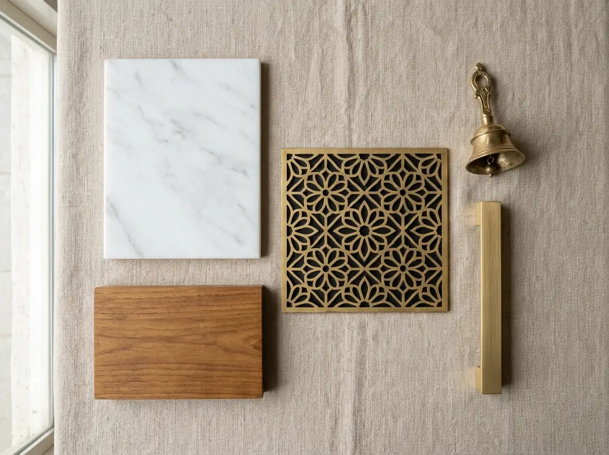 Top-down flat lay of pooja room materials: white marble