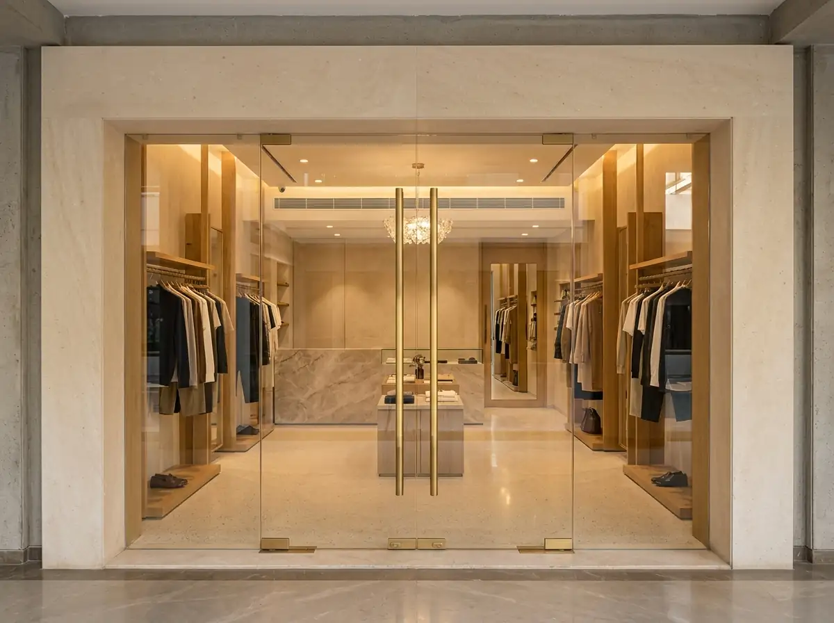A boutique shop front with full-height glass and brass door handles