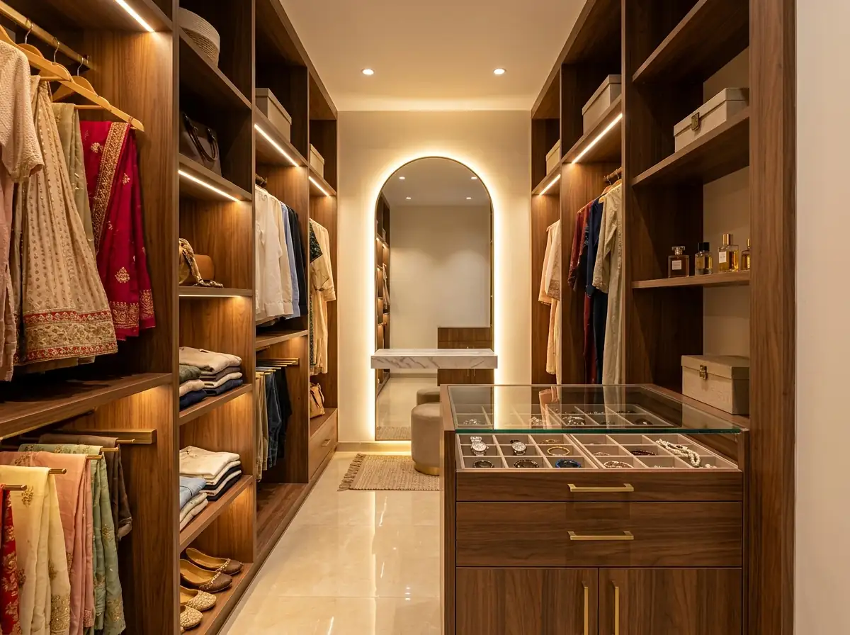 A walk-in wardrobe with walnut shelving, sarees on display and a central island